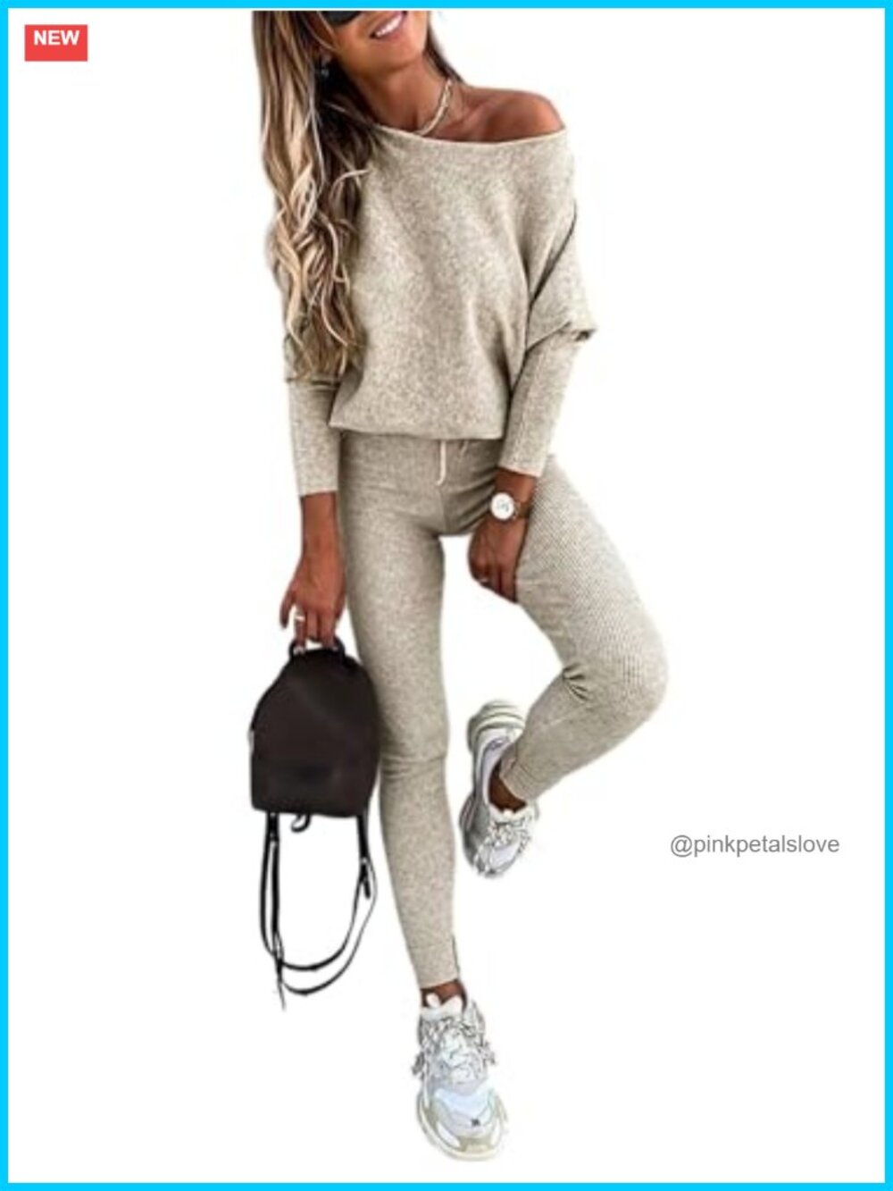 Womens 2 Piece Knit Lounge Set Batwing Sleeve Drawstring Sweatsuit